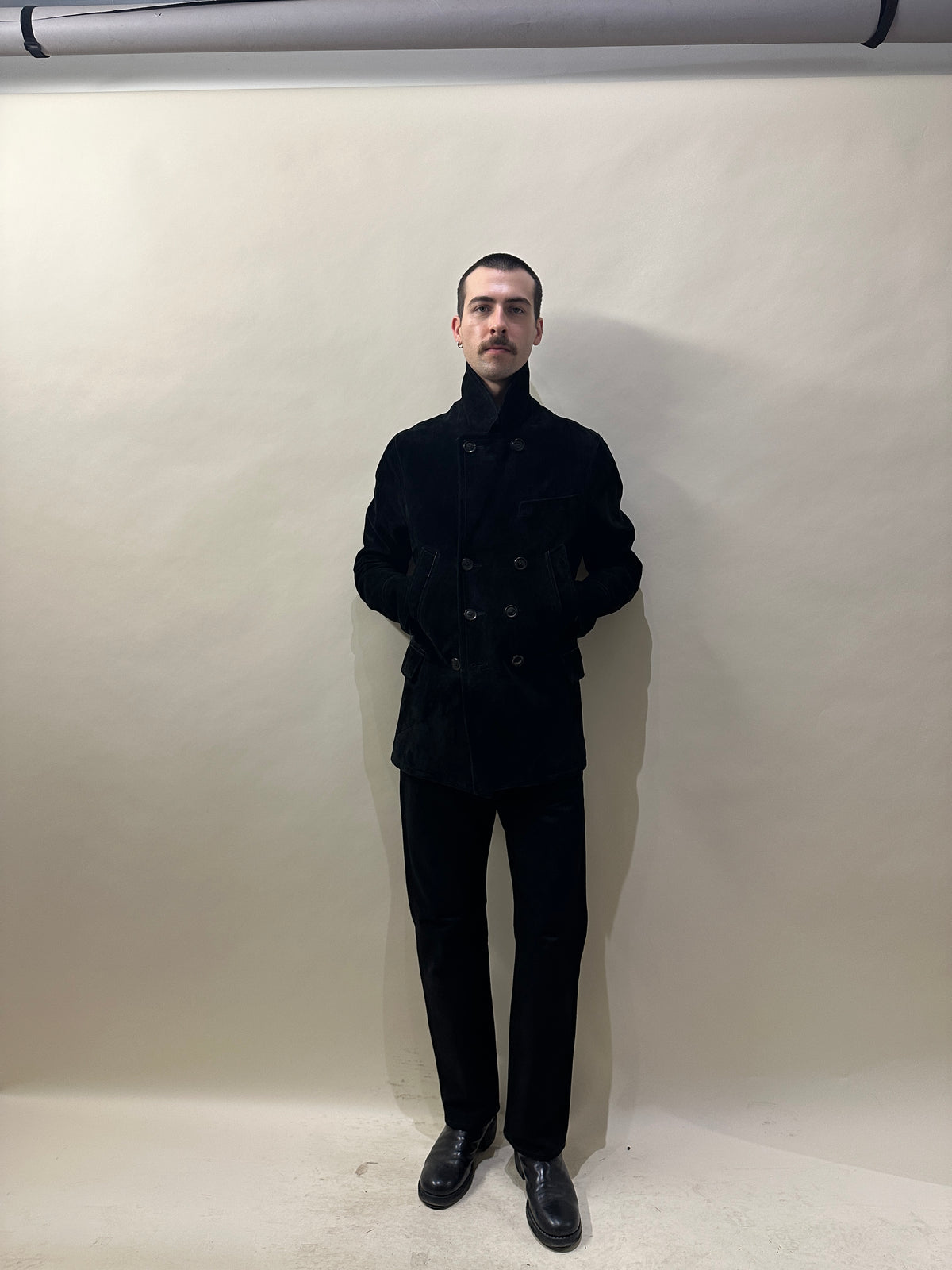 Tom Ford Black Calf Suede Double Breasted Peacoat 46