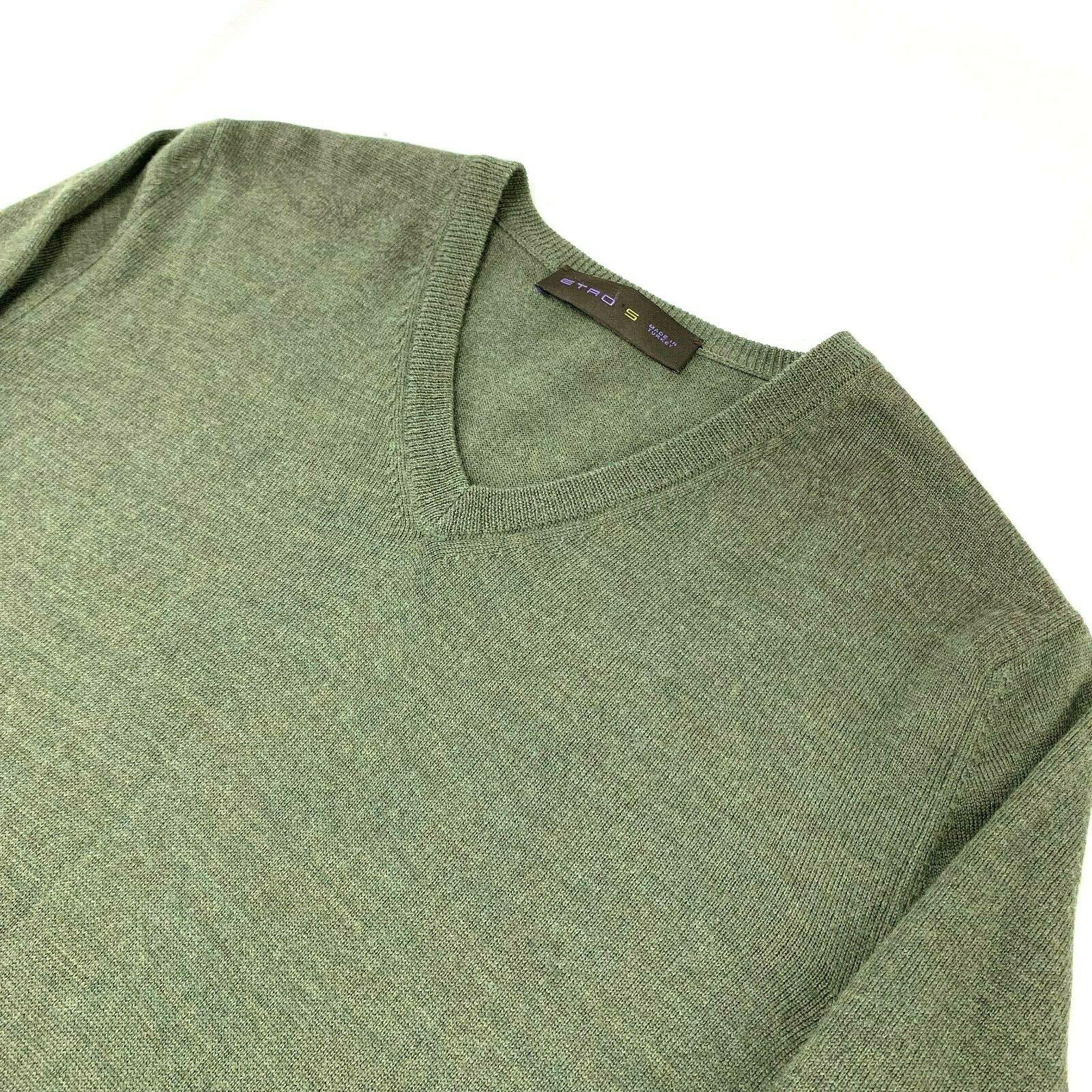 Etro Milano Green V-Neck Wool Sweater with Paisley Fringe Small Slim Fit - Genuine Design Luxury Consignment