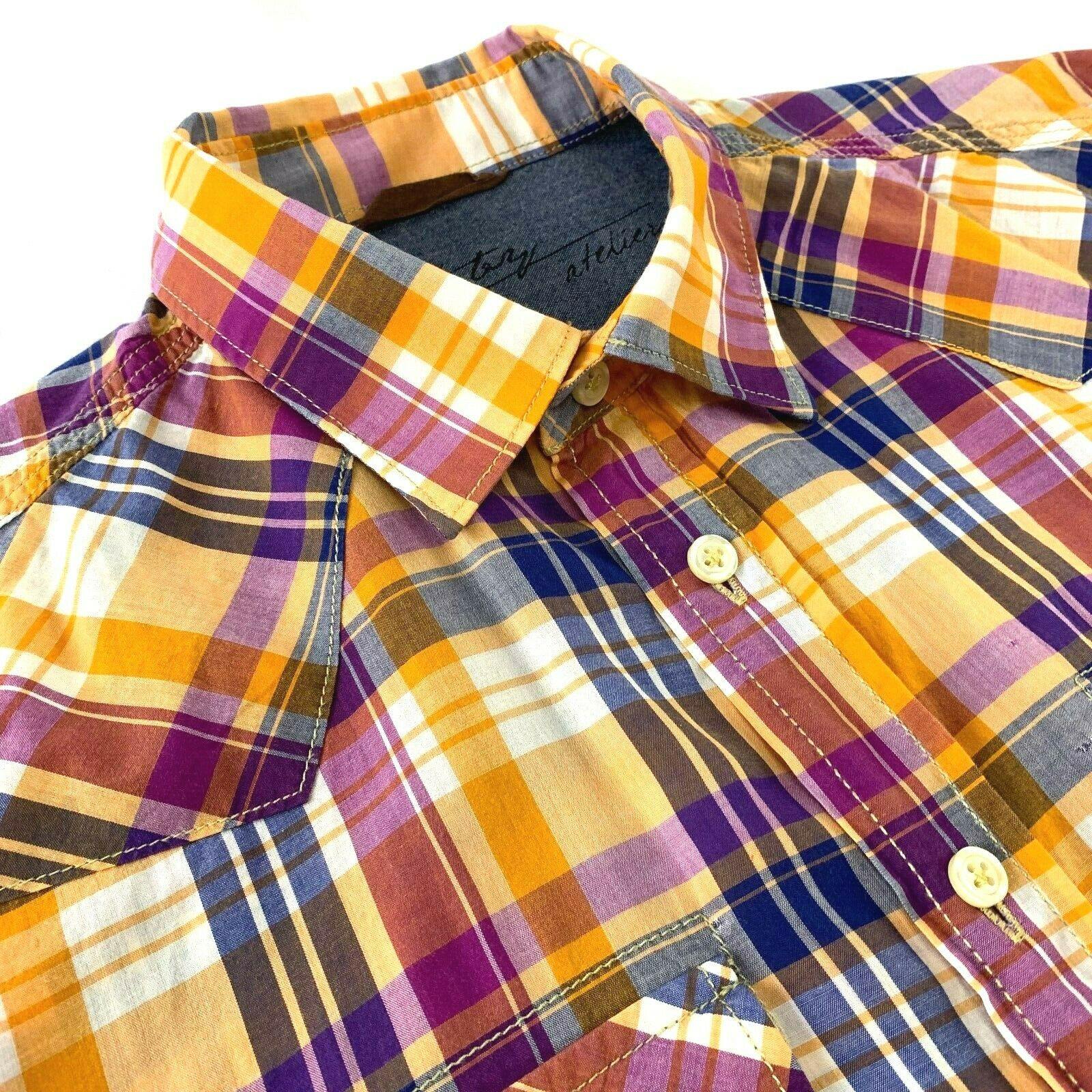 7 For All Mankind Men Orange Purple Plaid Western Snap Long Sleeve Shirt Medium - Genuine Design Luxury Consignment