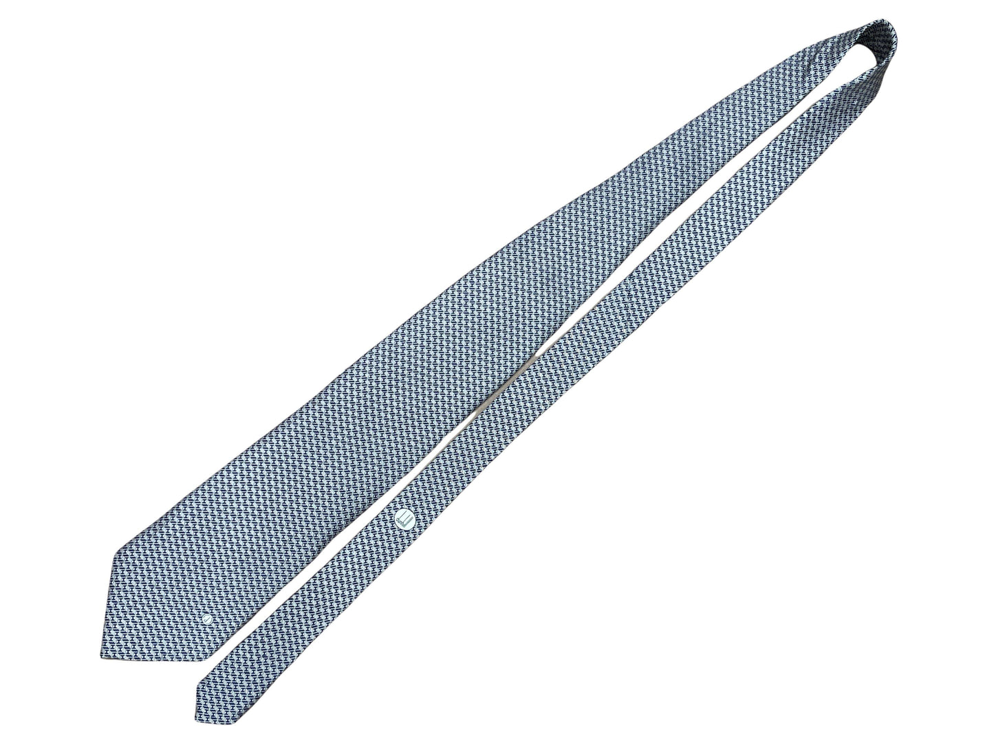Dunhill Silver Navy Geo printed 100% silk tie. Genuine Design luxury consignment 