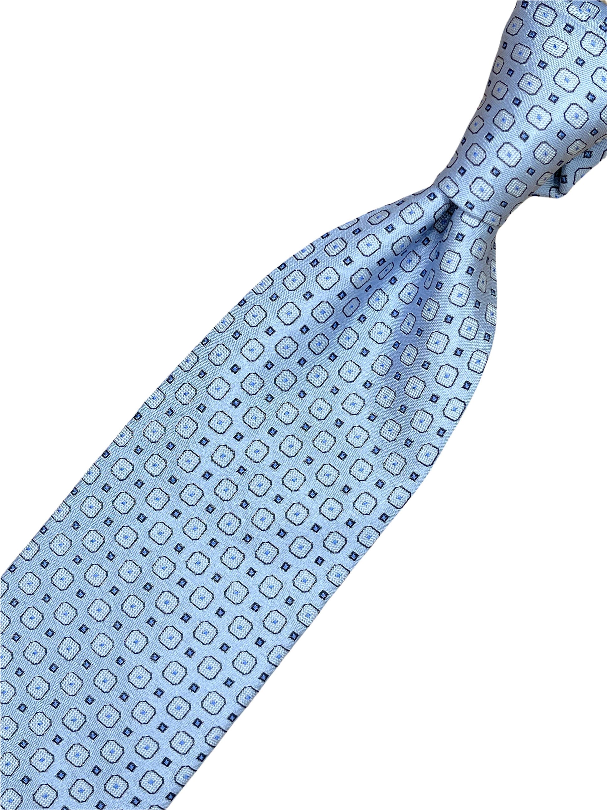 Harry Rosen sky blue geo printed 100% silk tie. Genuine Design luxury consignment 