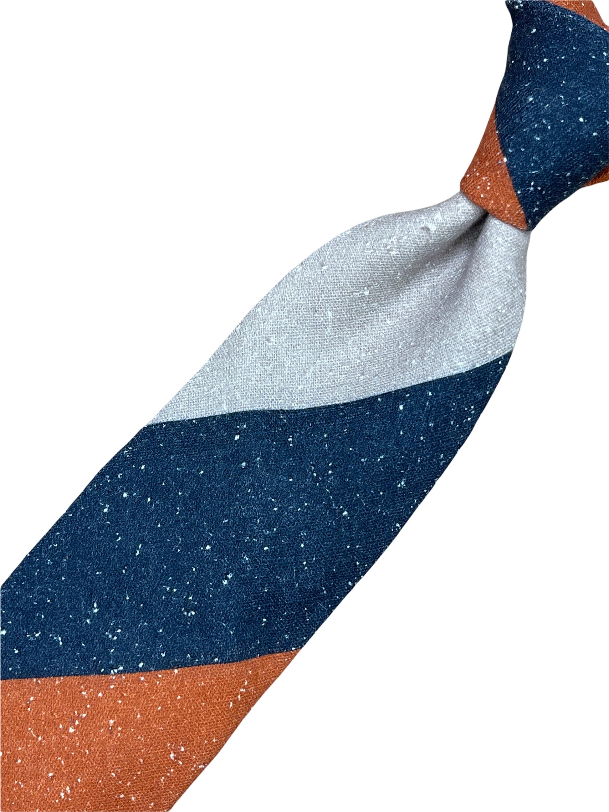 Stenstroms Donegal striped silk tie, navy, tan, and orange. Genuine Design luxury consignment