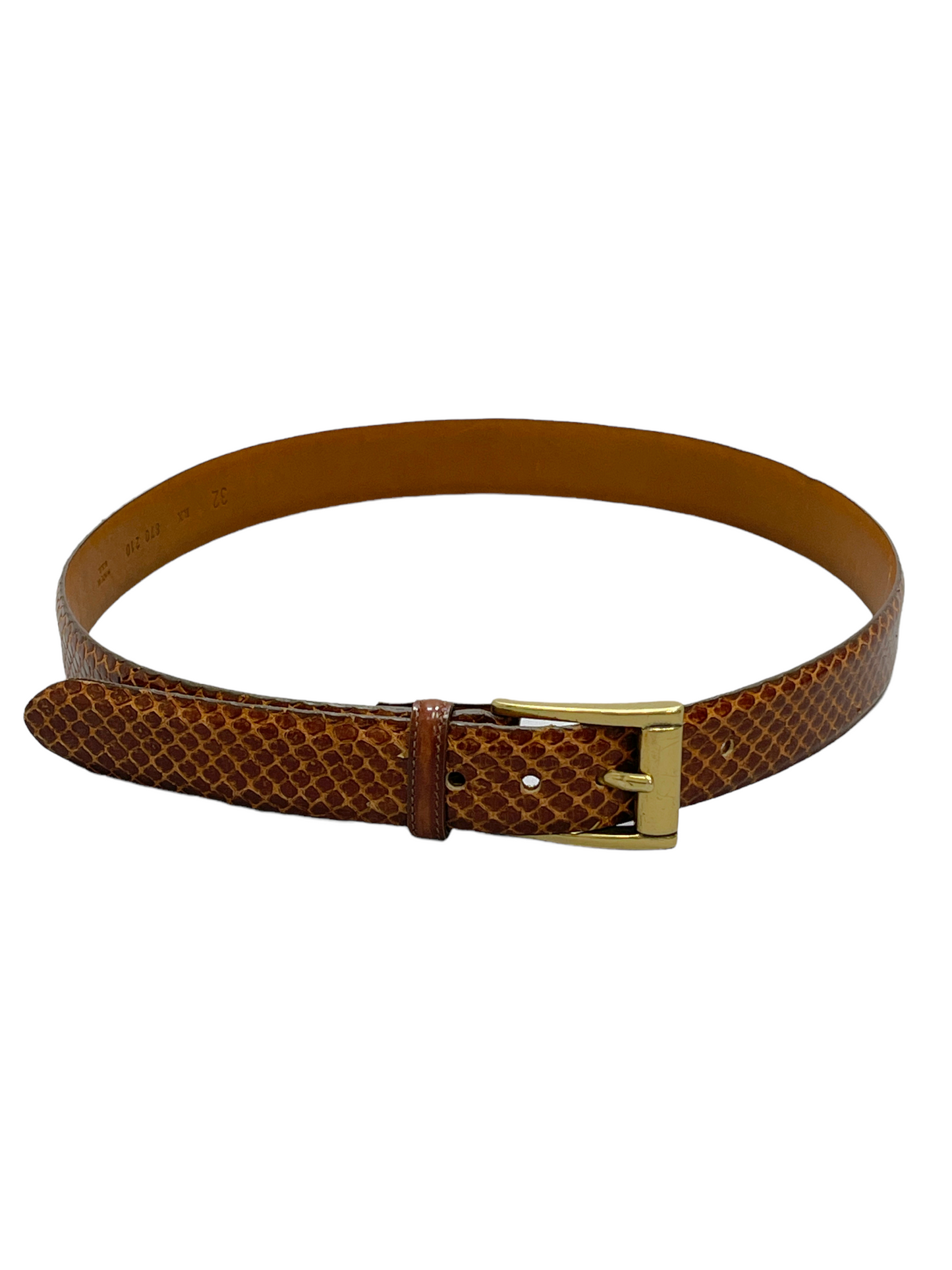 Genuine Anaconda Leather Medium Brown Brass Buckle Dress Belt - Genuine Design luxury consignment Calgary, Alberta, Canada New and pre-owned clothing, shoes, accessories.