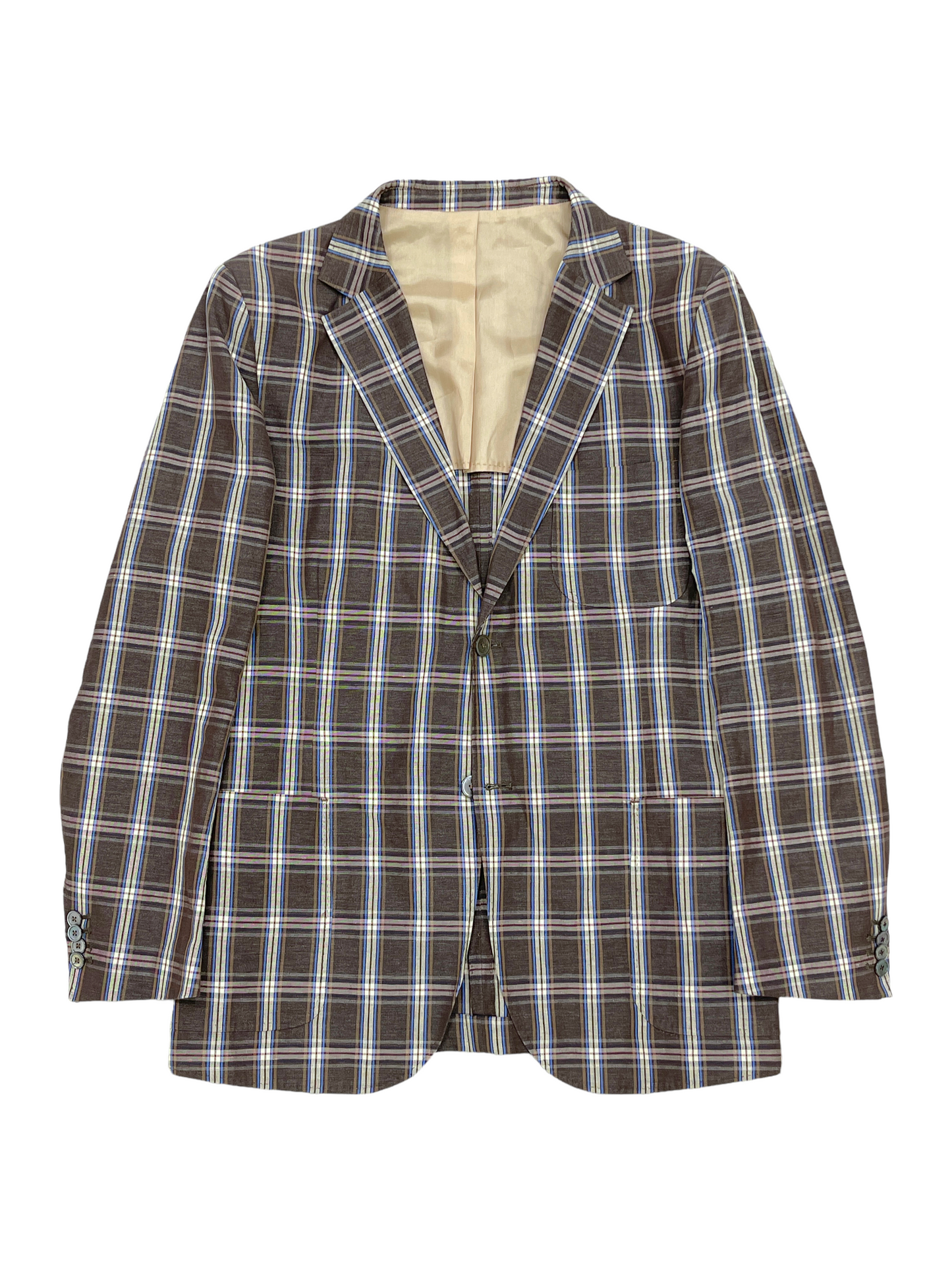 J. Lindeberg Brown Blue Windowpane Plaid Unlined Sport Jacket 44R - Genuine Design Luxury Consignment for Men. New & Pre-Owned Clothing, Shoes, & Accessories. Calgary, Canada