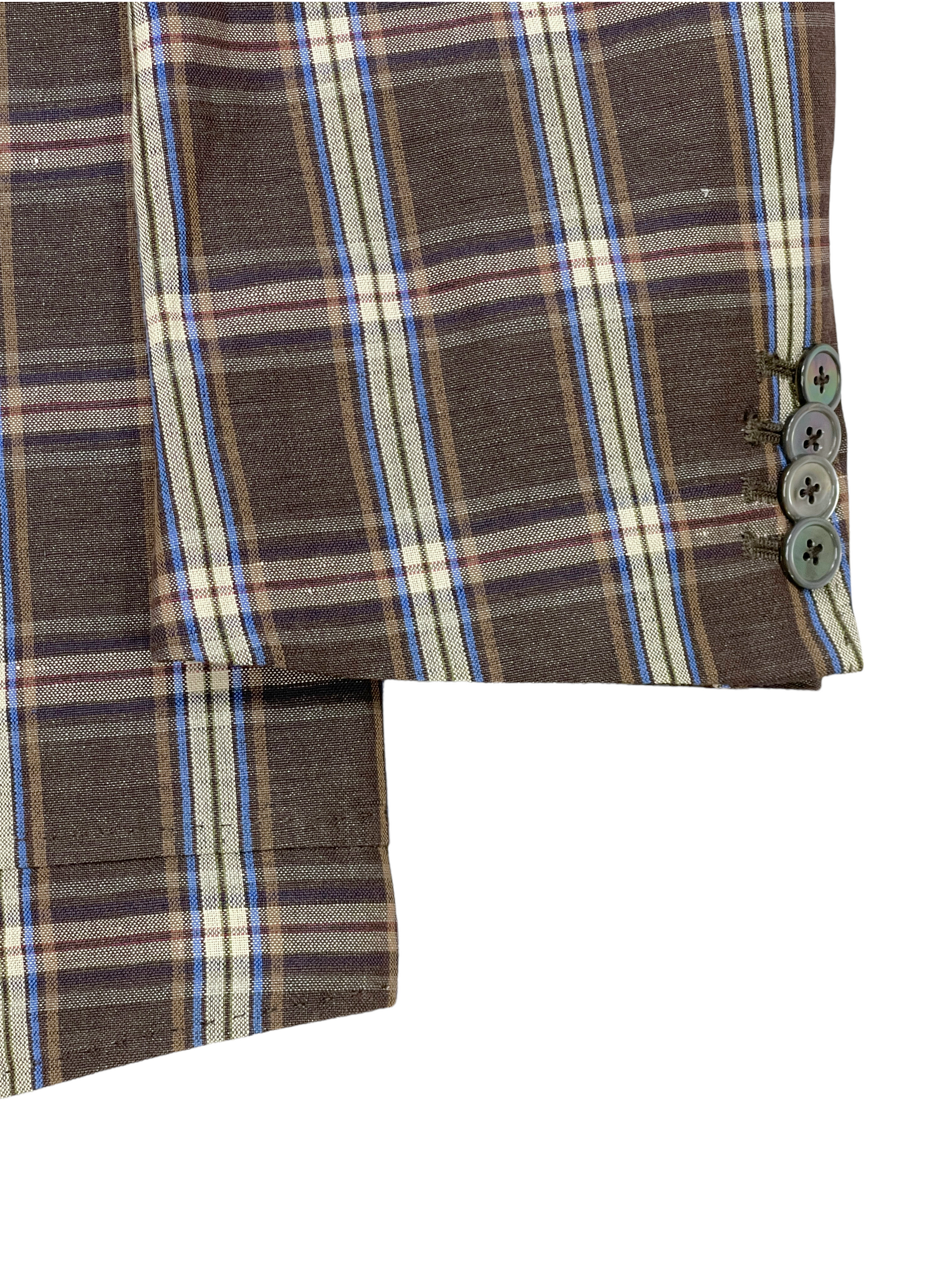 J. Lindeberg Brown Blue Windowpane Plaid Unlined Sport Jacket 44R - Genuine Design Luxury Consignment for Men. New & Pre-Owned Clothing, Shoes, & Accessories. Calgary, Canada