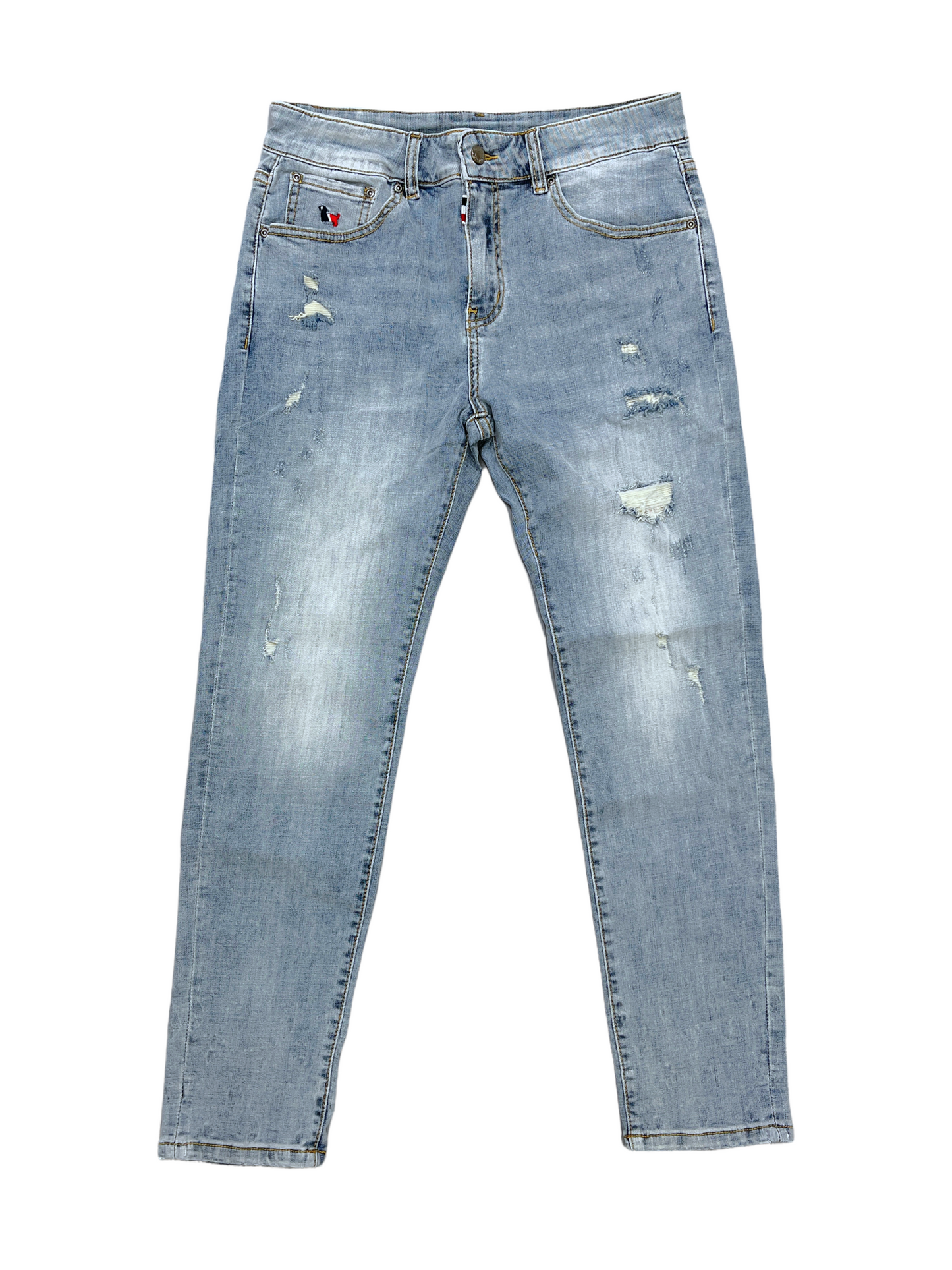 Thom Browne Light Wash Distressed Jeans 34 x 32 - Genuine Design luxury consignment Calgary, Alberta, Canada New and pre-owned clothing, shoes, accessories.