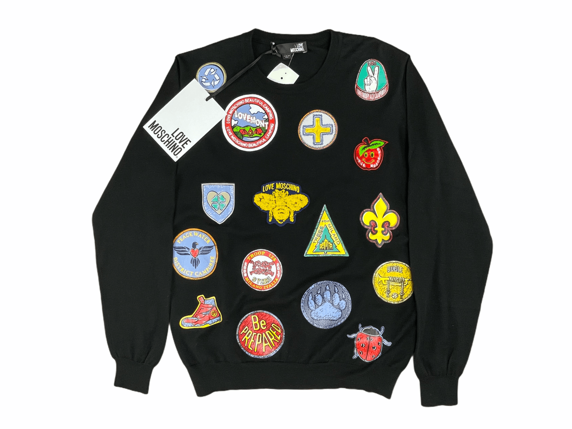 Love Moschino Black Patch Work Pullover Crew Sweater Small S Genuine Design Luxury Consignment