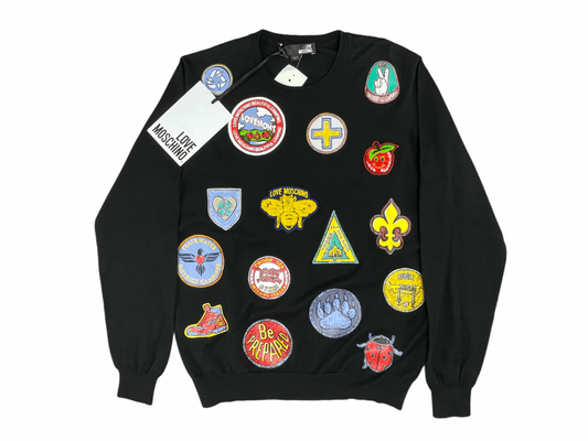 Love Moschino Men Sweater S Small Embroidered Patch Work Black Made in ItalyLove Moschino Black Patch Work Pullover Crew Sweater Small—Genuine Design luxury consignment