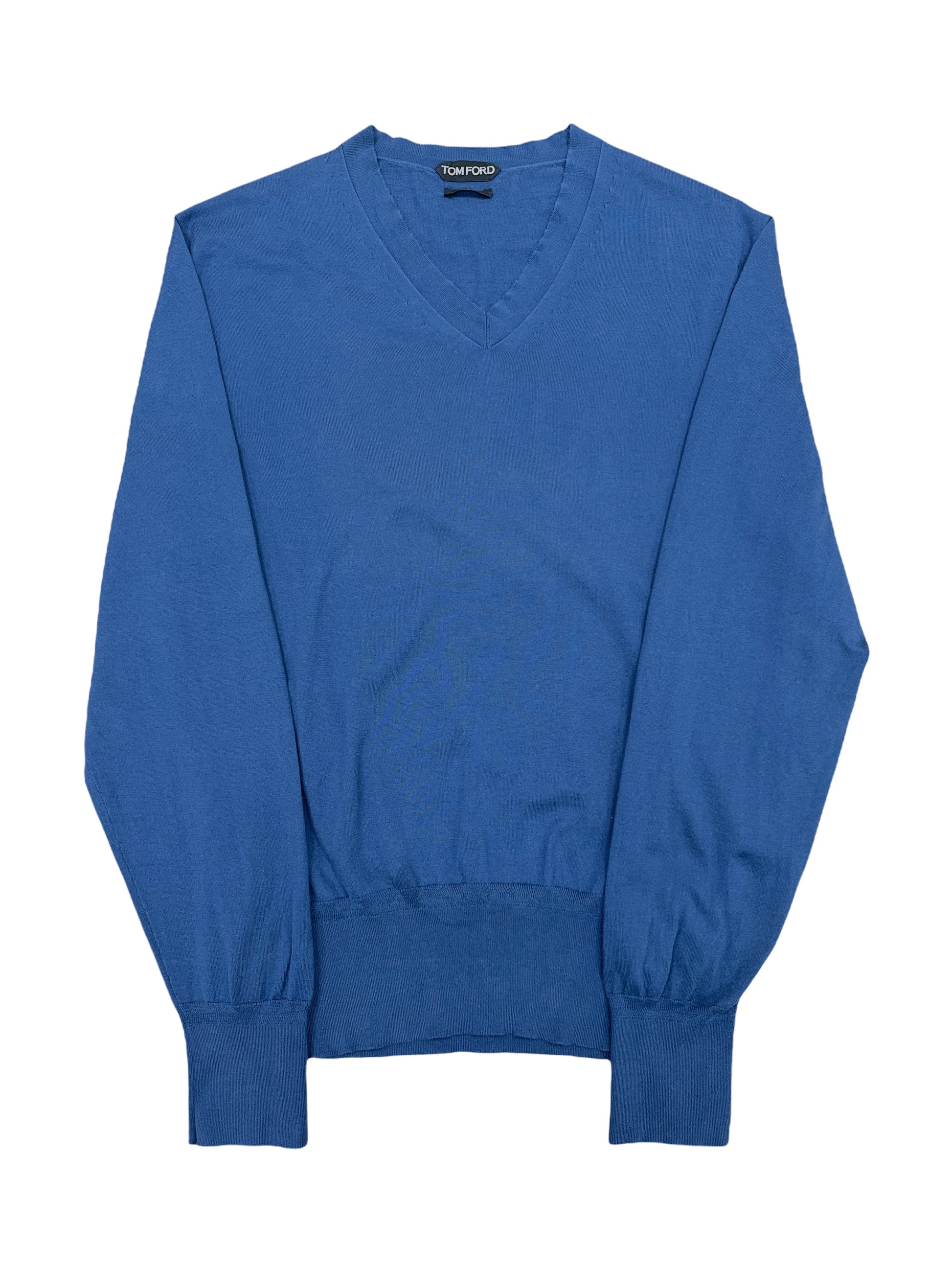 TOM FORD Steel Blue V-Neck Cotton Sweater 40R Medium — Genuine Design luxury consignment Calgary Alberta, Canada New and pre-owned clothing, shoes, accessories