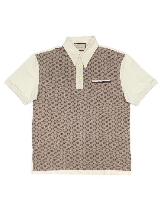 GUCCI Cream Brown Monogram Short Sleeve Polo Shirt