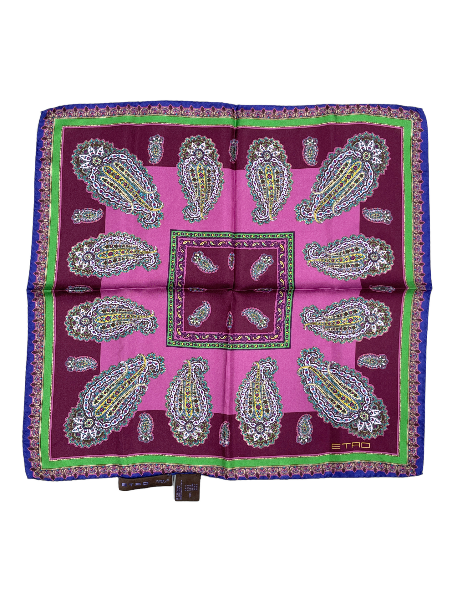 Etro Milano Magenta Green Purple Paisley Silk Pocket Square Scarf — Genuine Design Luxury Consignment for Men. New & Pre-Owned Clothing, Shoes, & Accessories. Calgary, Canada