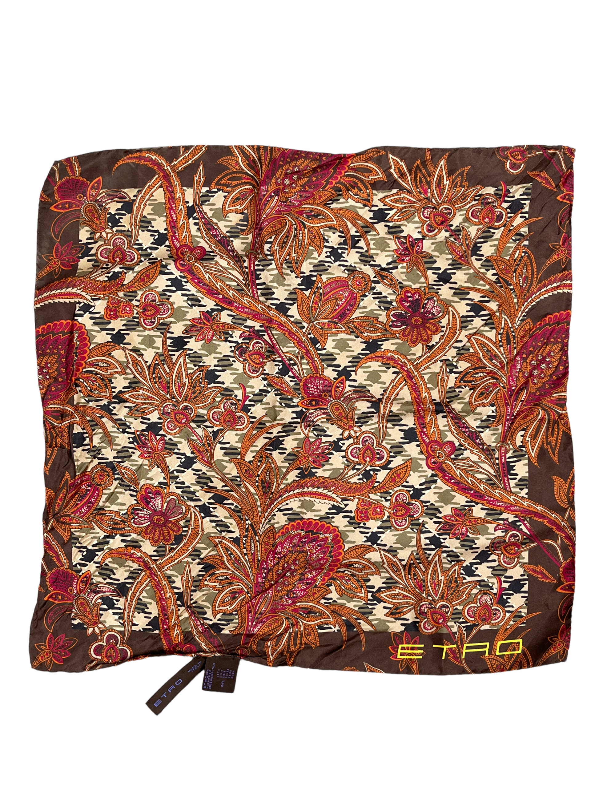 Etro Milano Brown Beige Paisley Houndstooth Silk Pocket Square Scarf — Genuine Design Luxury Consignment for Men. New & Pre-Owned Clothing, Shoes, & Accessories. Calgary, Canada