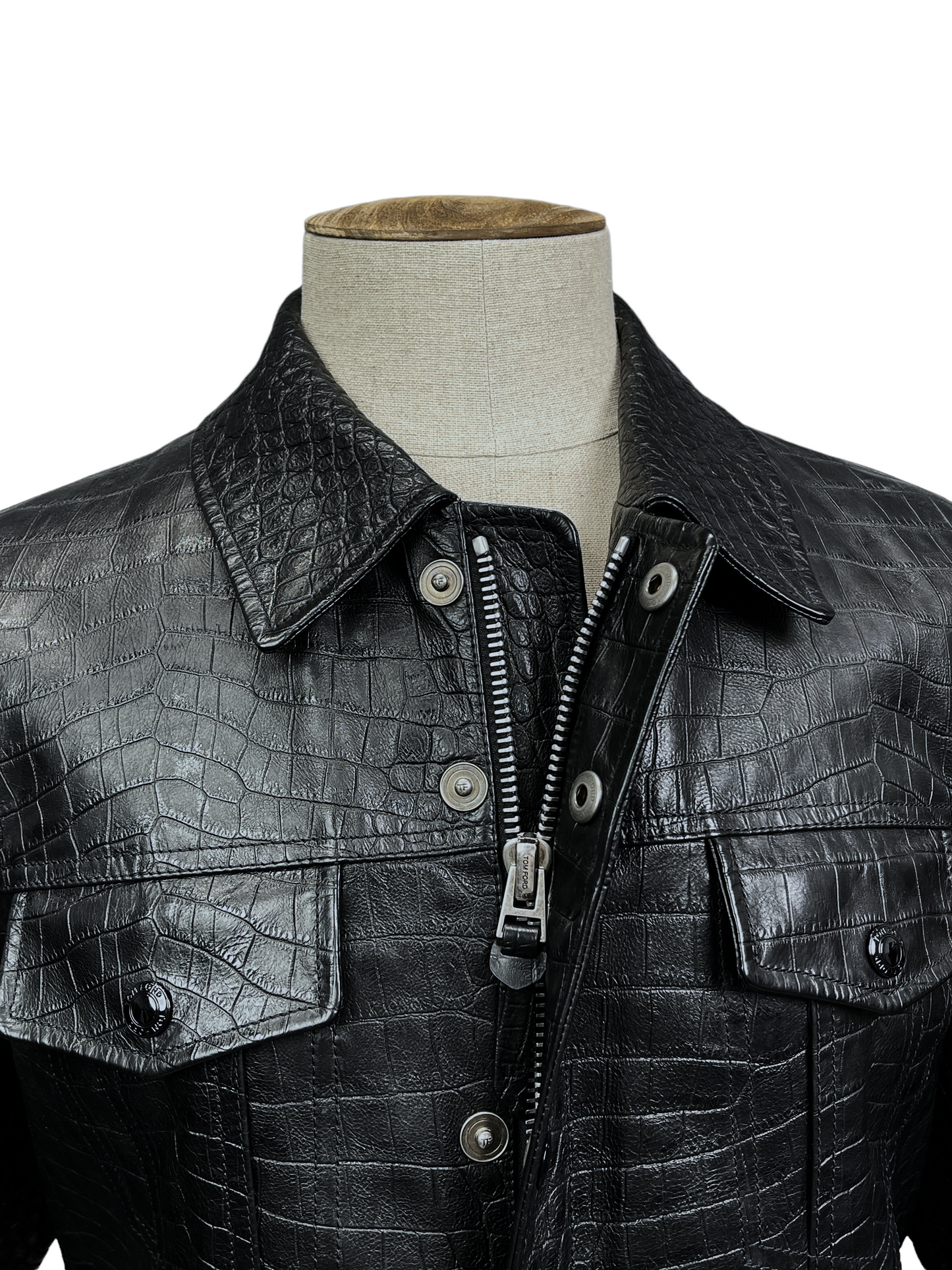 Tom Ford Black Calfskin Leather Trucker Jacket 40R — Genuine Design Luxury Consignment Calgary, Alberta, Canada New and Pre-Owned Clothing, Shoes, Accessories.