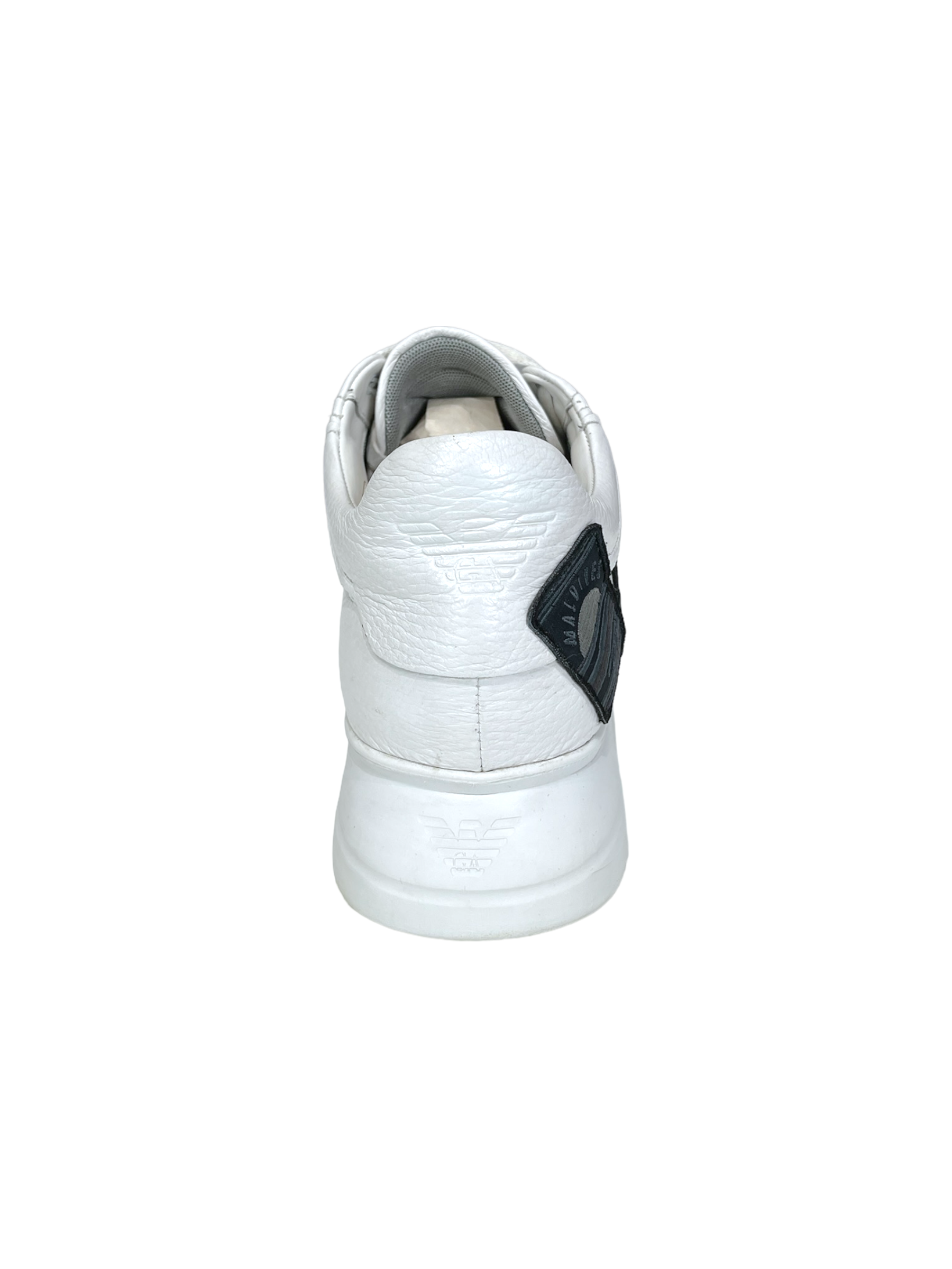 Emporio Armani White Leather Patch Casual Sneakers 6- Genuine Design Luxury Consignment Calgary, Alberta, Canada New and Pre-Owned Clothing, Shoes, Accessories.