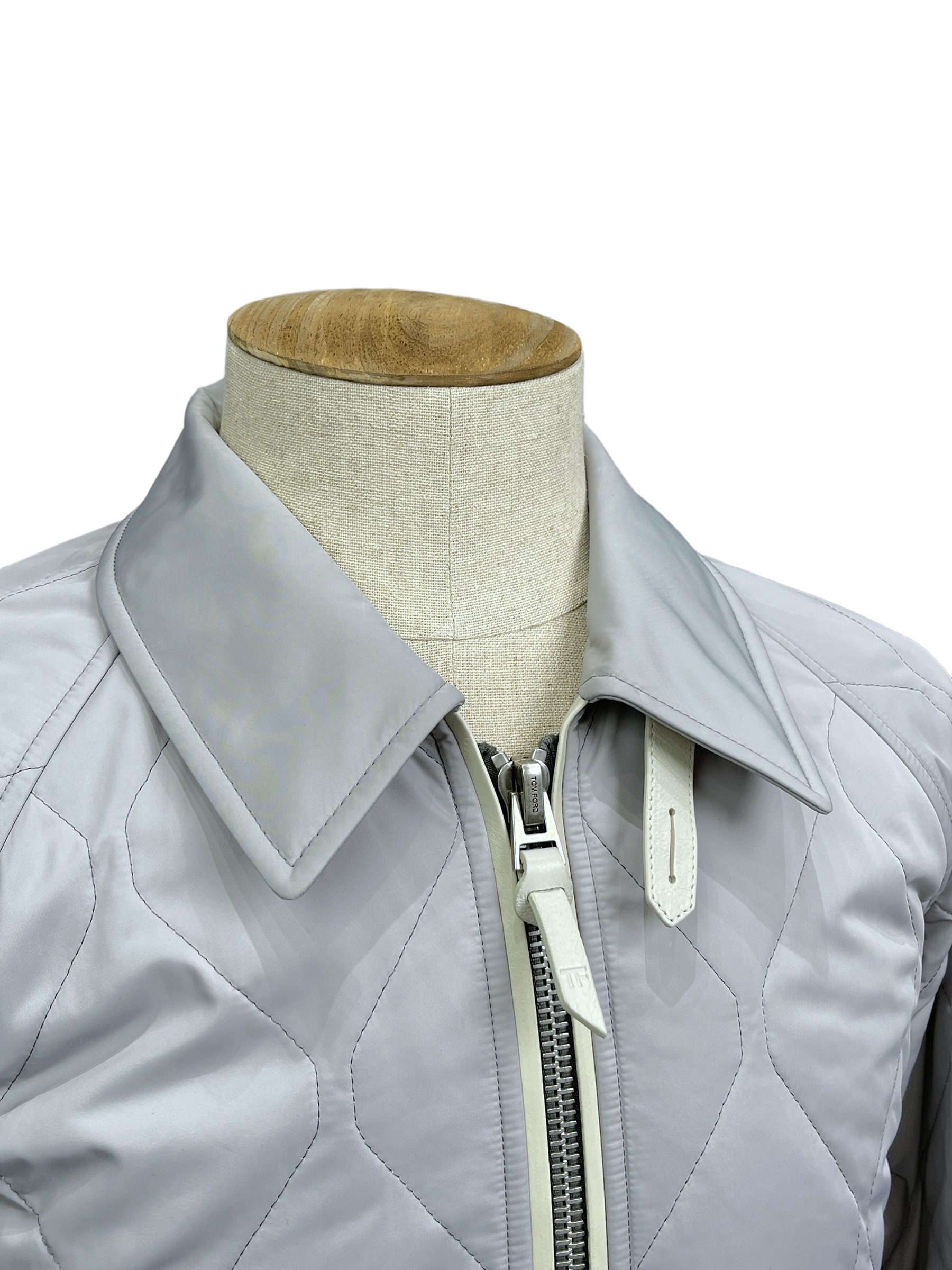 Tom Ford Light Grey Quilted Bomber Jacket 36— Genuine Design Luxury Consignment Calgary, Alberta, Canada New and Pre-Owned Clothing, Shoes, Accessories.