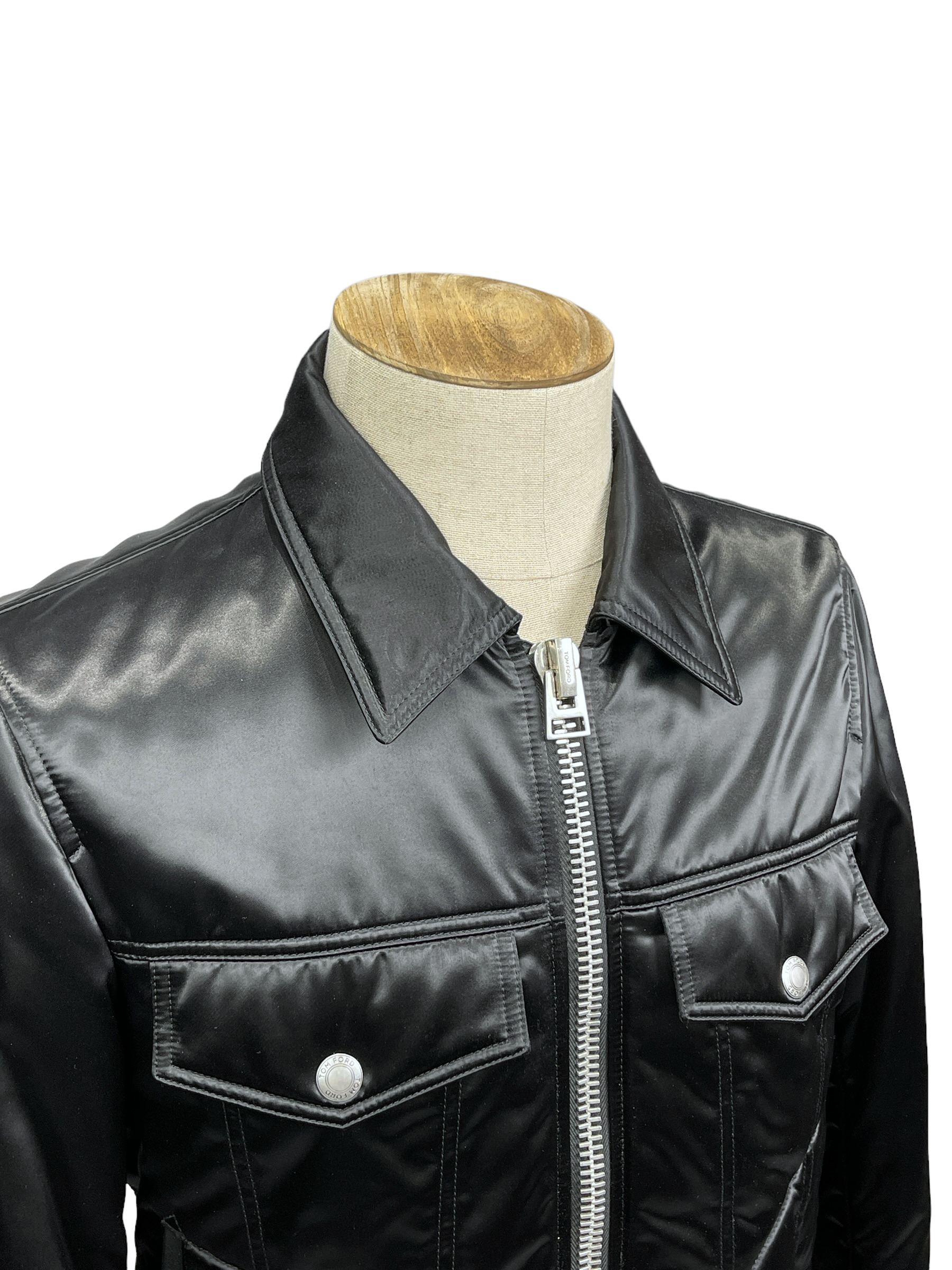 Tom Ford Black Satin Bomber Jacket 38— Genuine Design Luxury Consignment Calgary, Alberta, Canada New and Pre-Owned Clothing, Shoes, Accessories.
