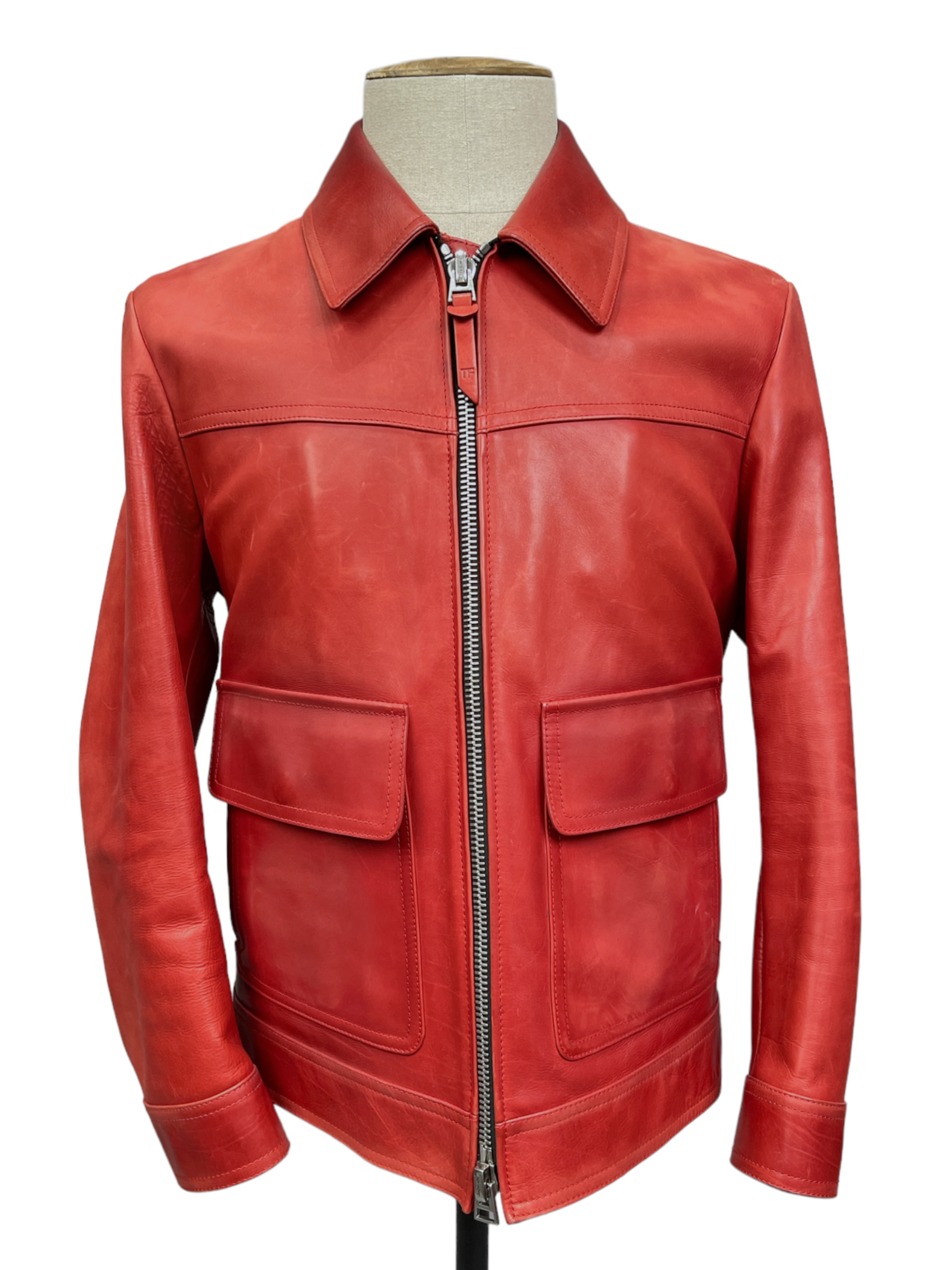 Tom Ford Red Embossed Calfskin Leather Trucker Jacket 40R / 50R — Genuine Design Luxury Consignment Calgary, Alberta, Canada New and Pre-Owned Clothing, Shoes, Accessories.