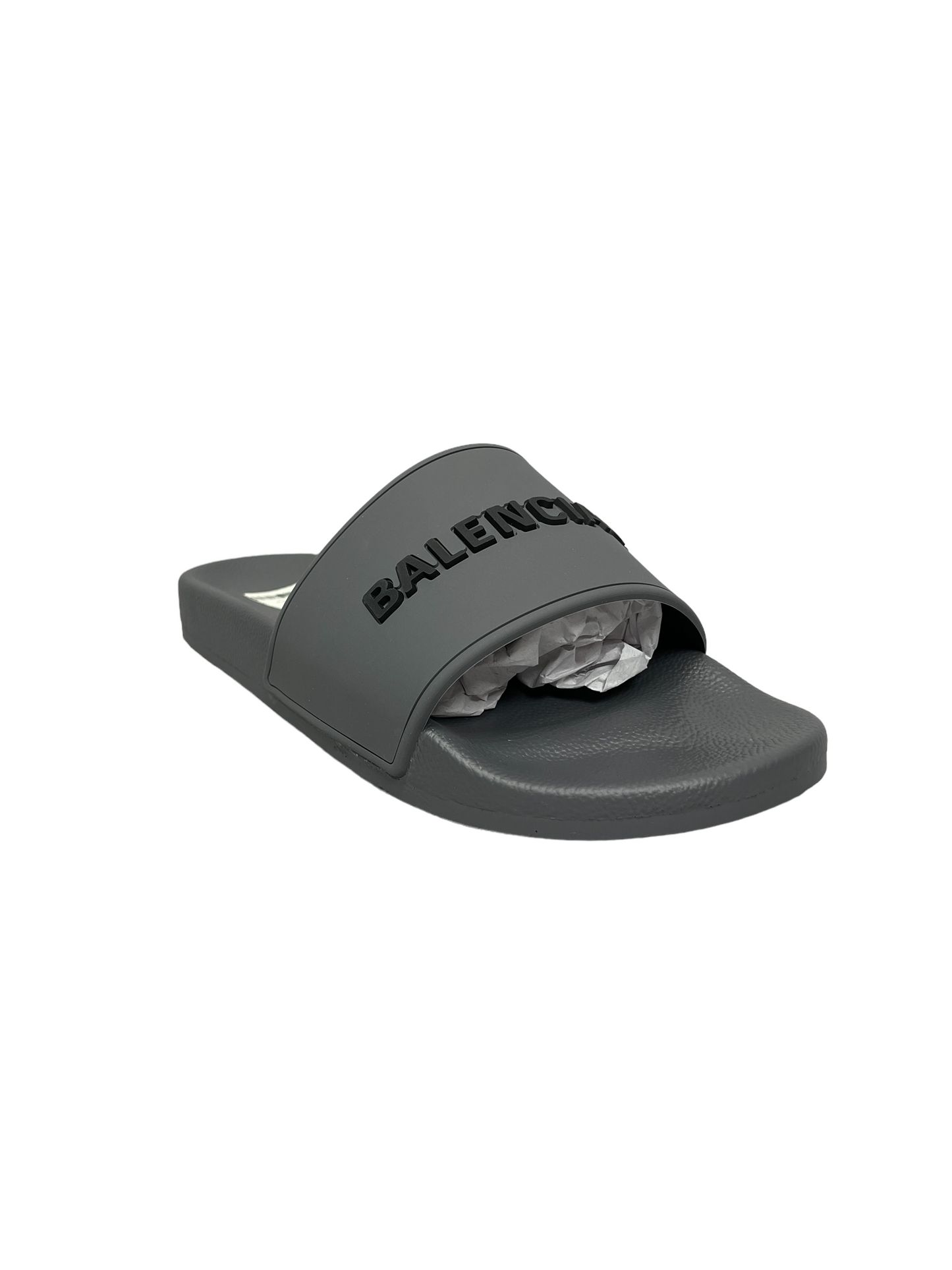 Balenciaga Charcoal Grey Raised-Logo Slides - Genuine Design Luxury Consignment for Men. New & Pre-Owned Clothing, Shoes, & Accessories. Calgary, Canada