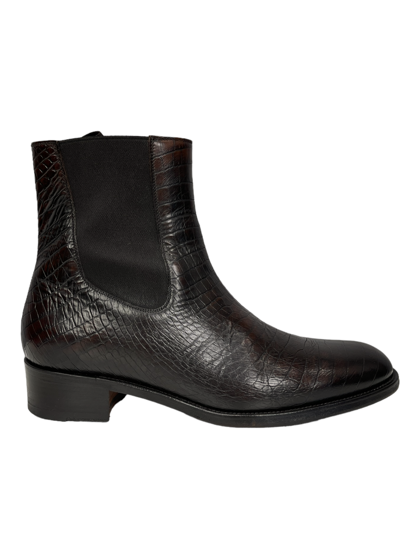 Tom Ford Brown Crocodile Leather High Chelsea Boots 6- Genuine Design Luxury Consignment Calgary, Alberta, Canada New and Pre-Owned Clothing, Shoes, Accessories.