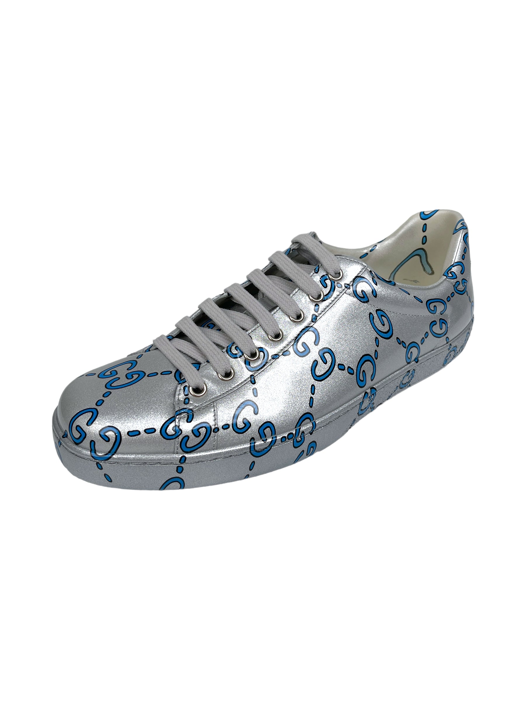 Gucci Silver & Blue Ghost GG Monogram Ace Sneakers — Genuine Design luxury consignment Calgary, Alberta, Canada New and pre-owned clothing, shoes, accessories.