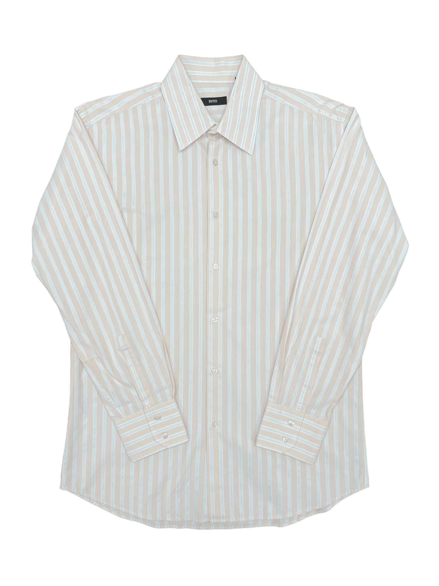 Hugo Boss Stripe Dress Shirt Tan, Light Blue, White—Genuine Design luxury consignment 