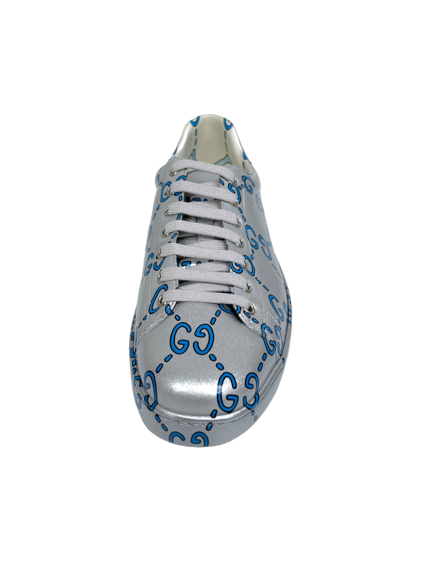 Gucci Silver & Blue Ghost GG Monogram Ace Sneakers — Genuine Design luxury consignment Calgary, Alberta, Canada New and pre-owned clothing, shoes, accessories.