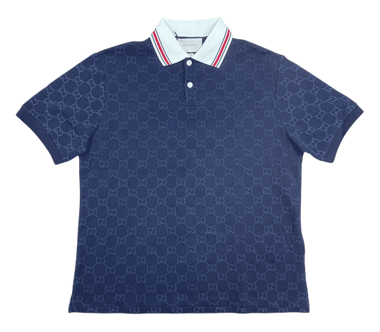 GUCCI Navy & Cream Monogram Short Sleeve Polo Shirt