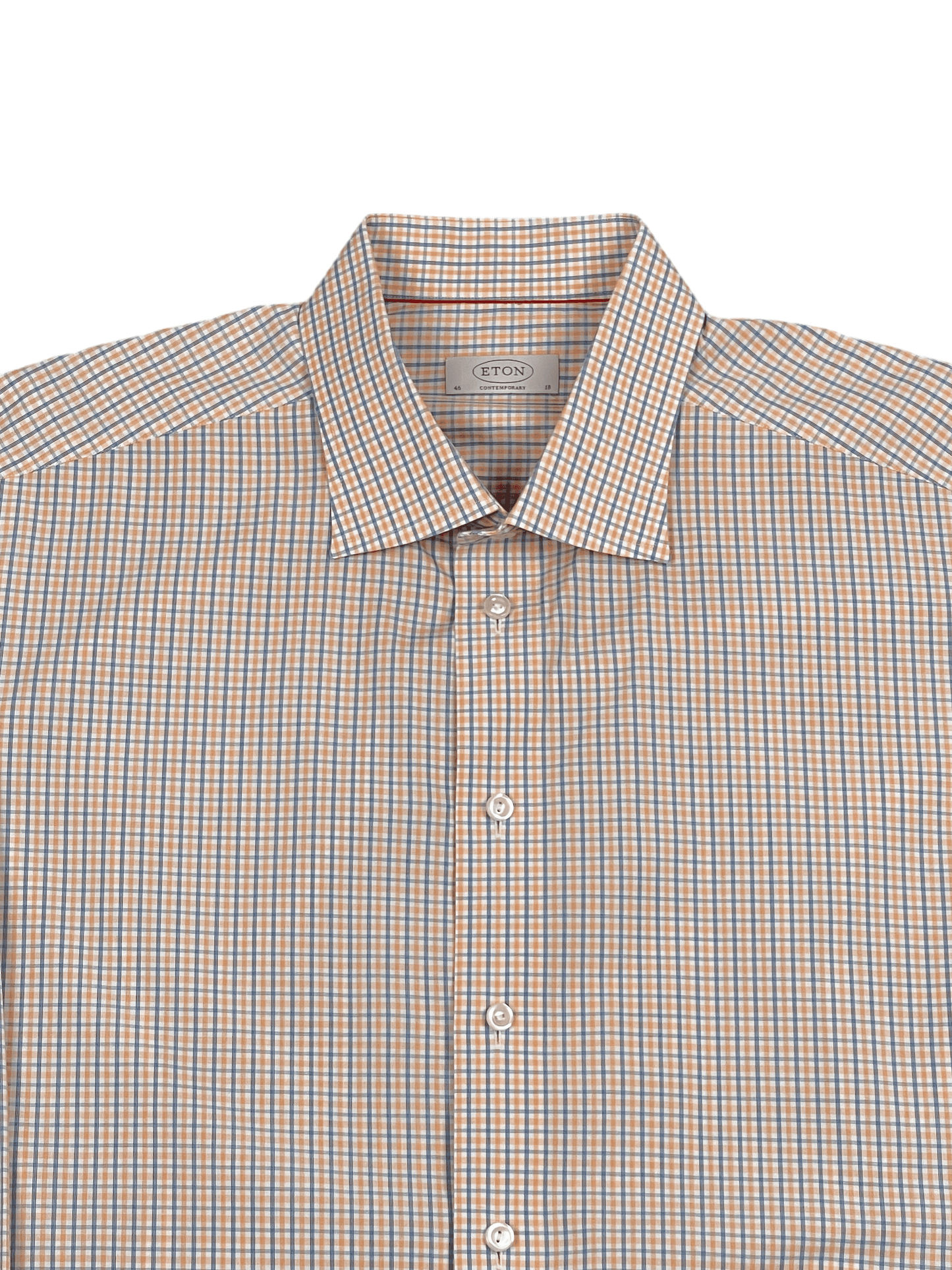 Eton Orange and Blue Micro Check Dress Shirt  18 / 46 - Genuine Design Luxury Consignment for Men. New & Pre-Owned Clothing, Shoes, & Accessories. Calgary, Canada