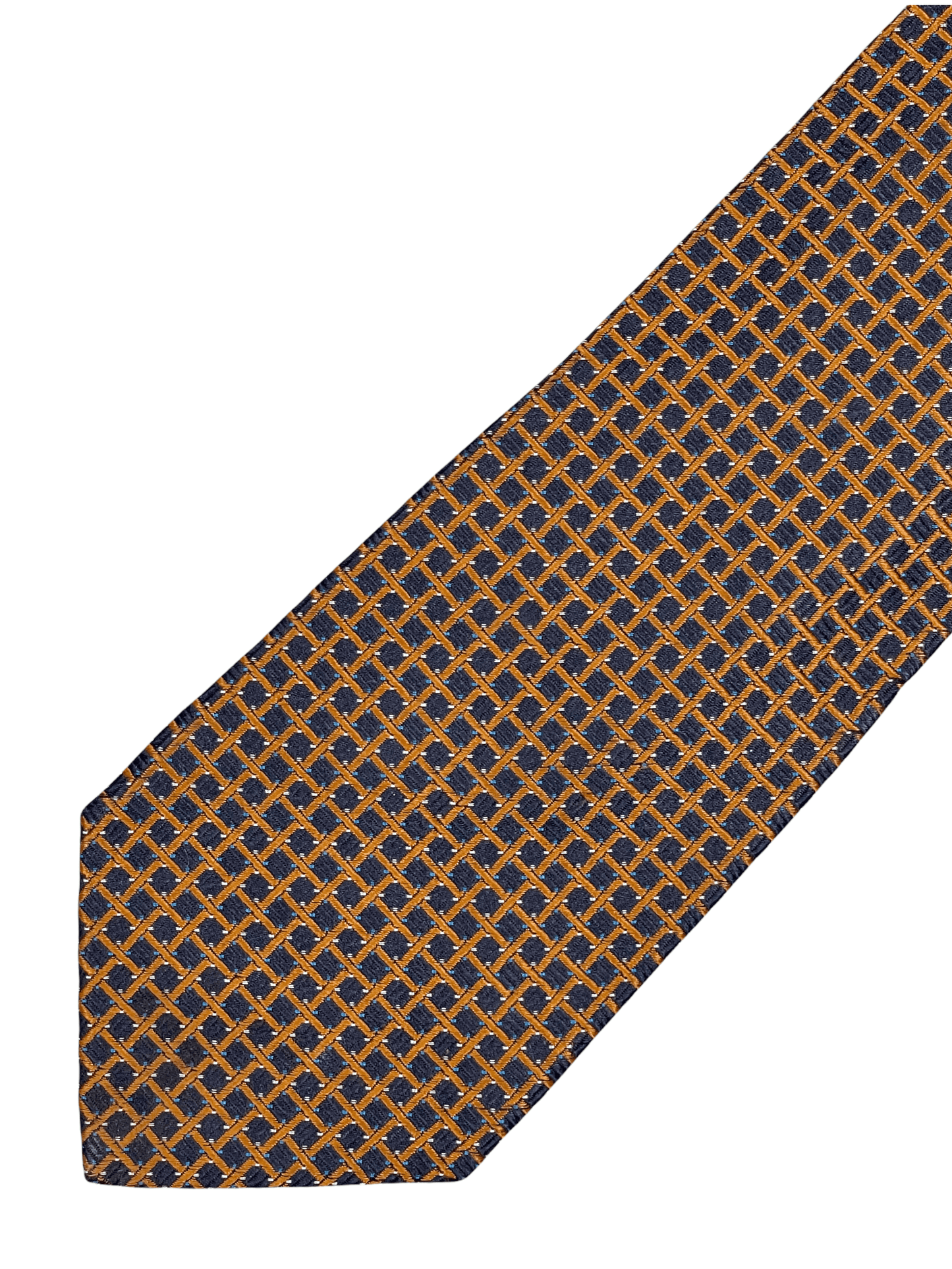 Canali Navy Blue Caramel Geometric Silk Tie — Genuine Design Luxury Consignment for Men. New & Pre-Owned Clothing, Shoes, & Accessories. Calgary, Canada