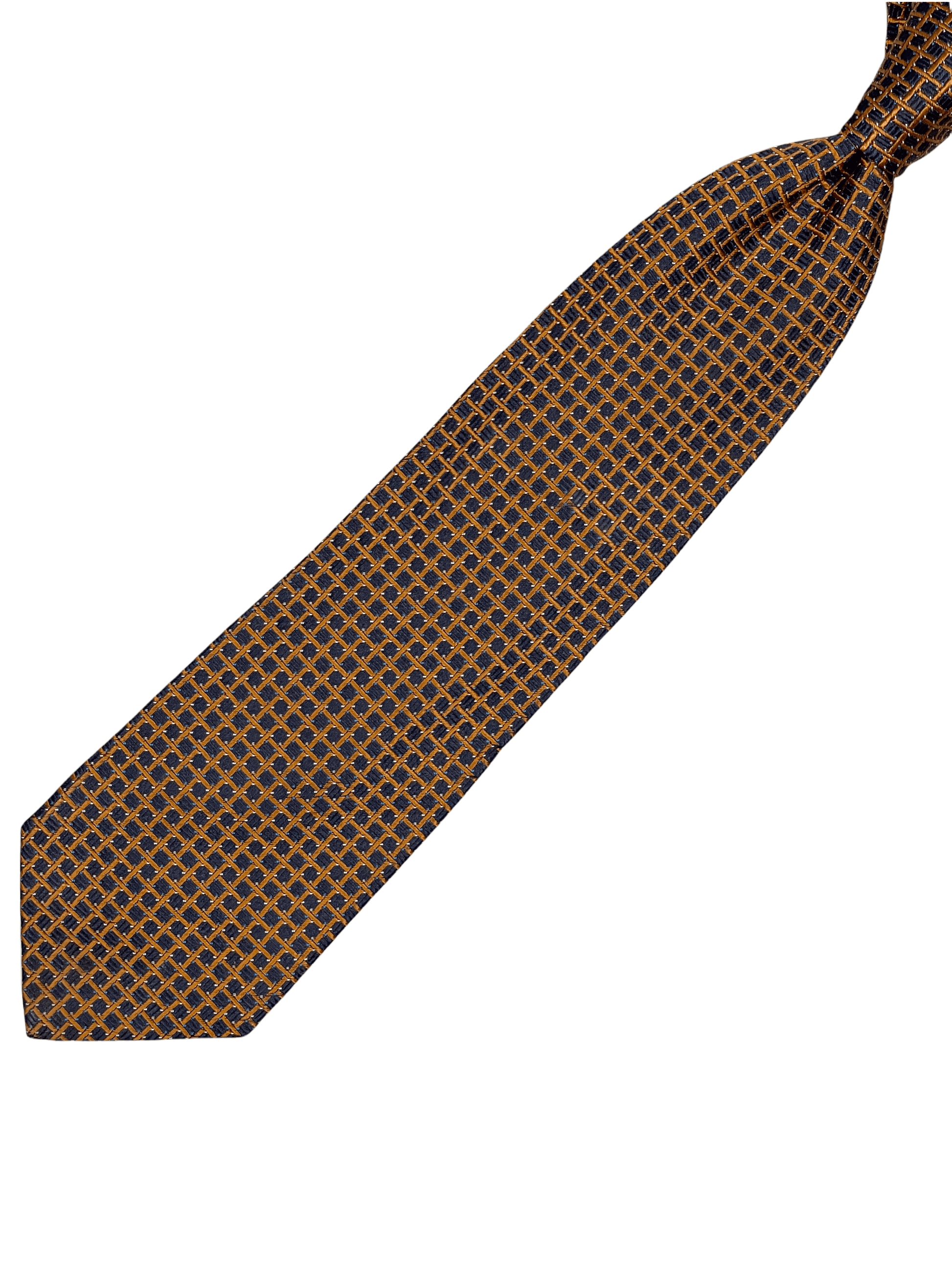 Canali Navy Blue Caramel Geometric Silk Tie — Genuine Design Luxury Consignment for Men. New & Pre-Owned Clothing, Shoes, & Accessories. Calgary, Canada