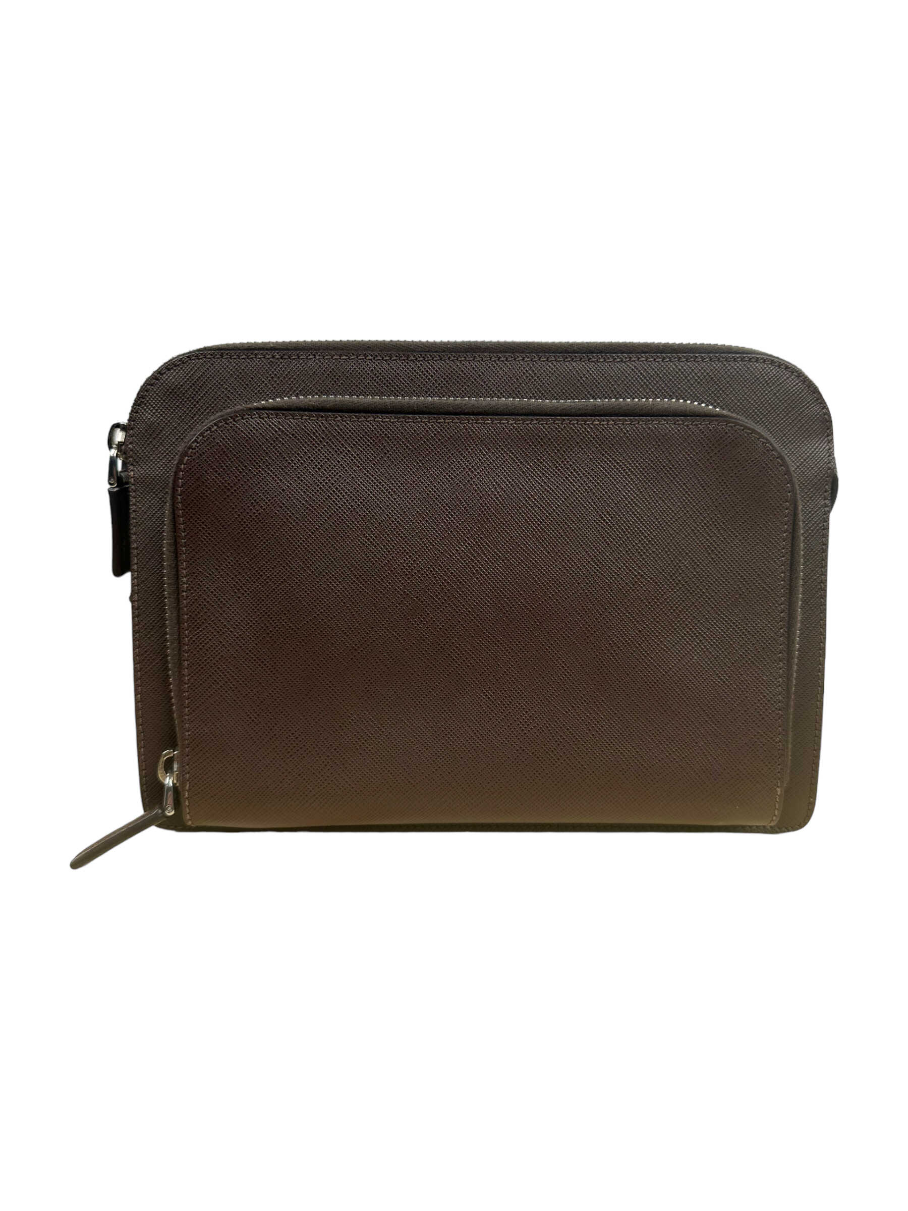 Prada Dark Brown Leather Clutch with Wrist Strap — Genuine Design Luxury Consignment for Men. New & Pre-Owned Clothing, Shoes, & Accessories. Calgary, Canada