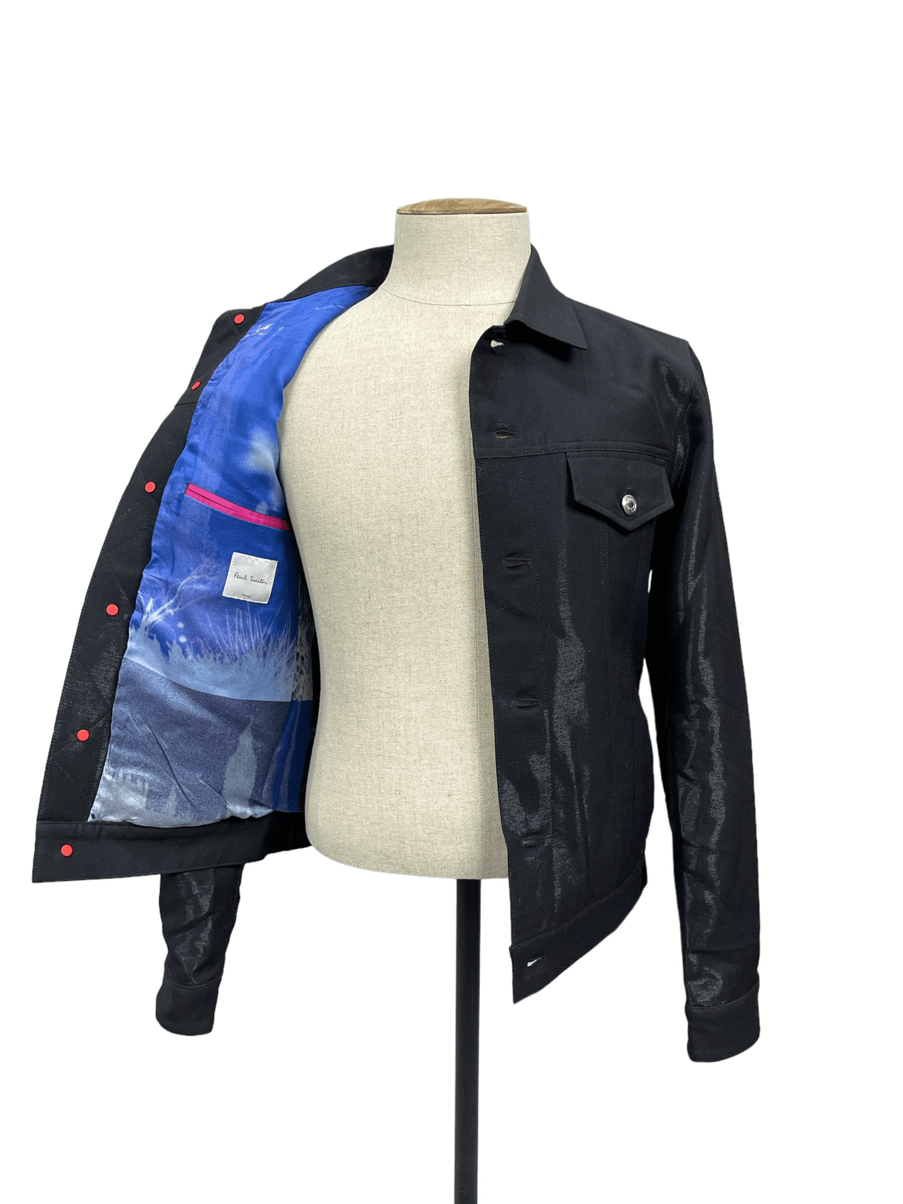 Paul Smith Black Trucker Jacket with Patterned Inner Lining  - Genuine Design Luxury Consignment for Men. New & Pre-Owned Clothing, Shoes, & Accessories. Calgary, Canada