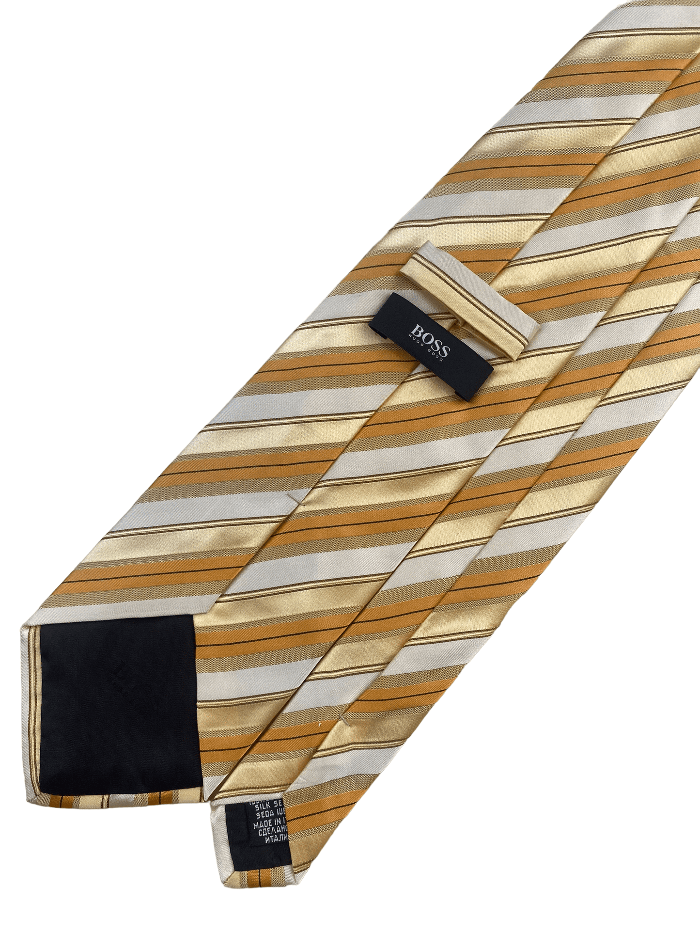 HUGO BOSS Gold Striped Silk Tie - Genuine Design luxury consignment Calgary, Alberta, Canada New & pre-owned clothing, shoes, accessories.