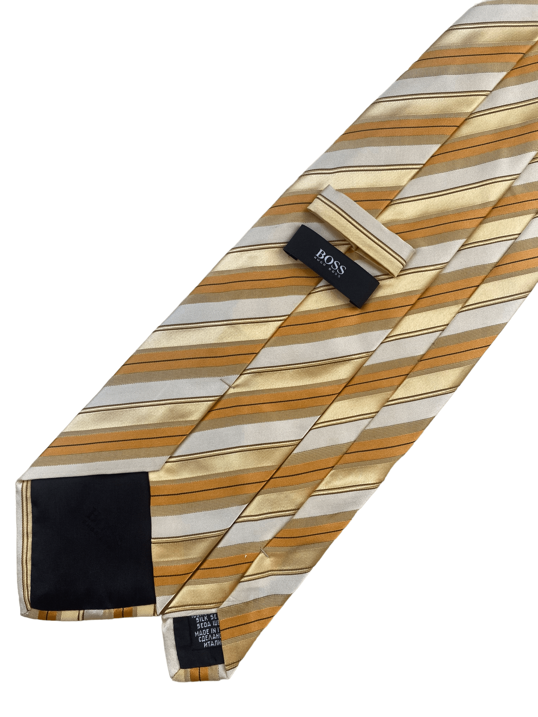 HUGO BOSS Gold Striped Silk Tie - Genuine Design luxury consignment Calgary, Alberta, Canada New & pre-owned clothing, shoes, accessories.