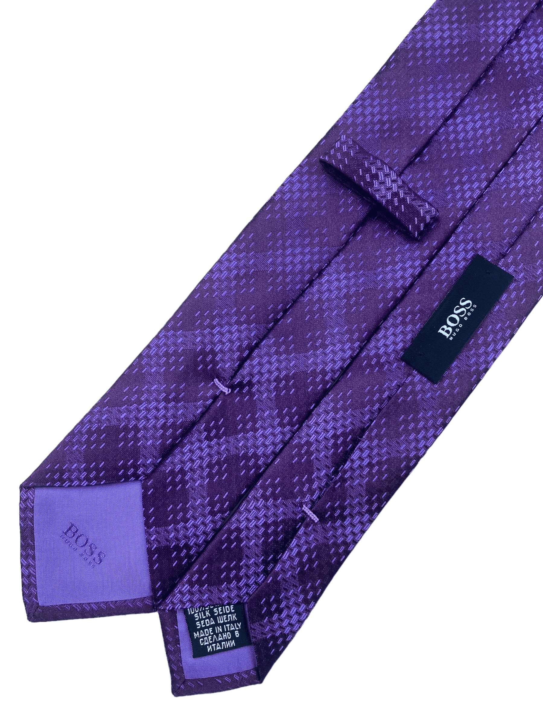 HUGO BOSS Purple Cross Striped Silk Tie - Genuine Design luxury consignment Calgary, Alberta, Canada New & pre-owned clothing, shoes, accessories.