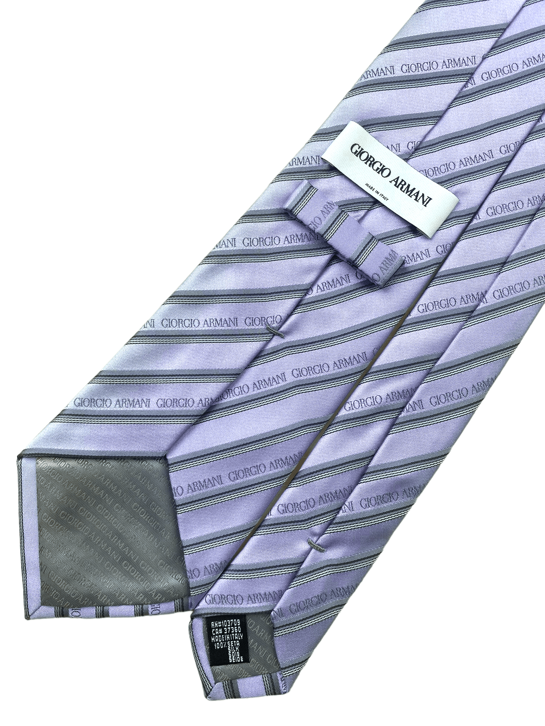 Giorgio Armani Light Mauve Monogrammed Striped Silk Tie - Genuine Design luxury consignment Calgary, Alberta, Canada New & pre-owned clothing, shoes, accessories.